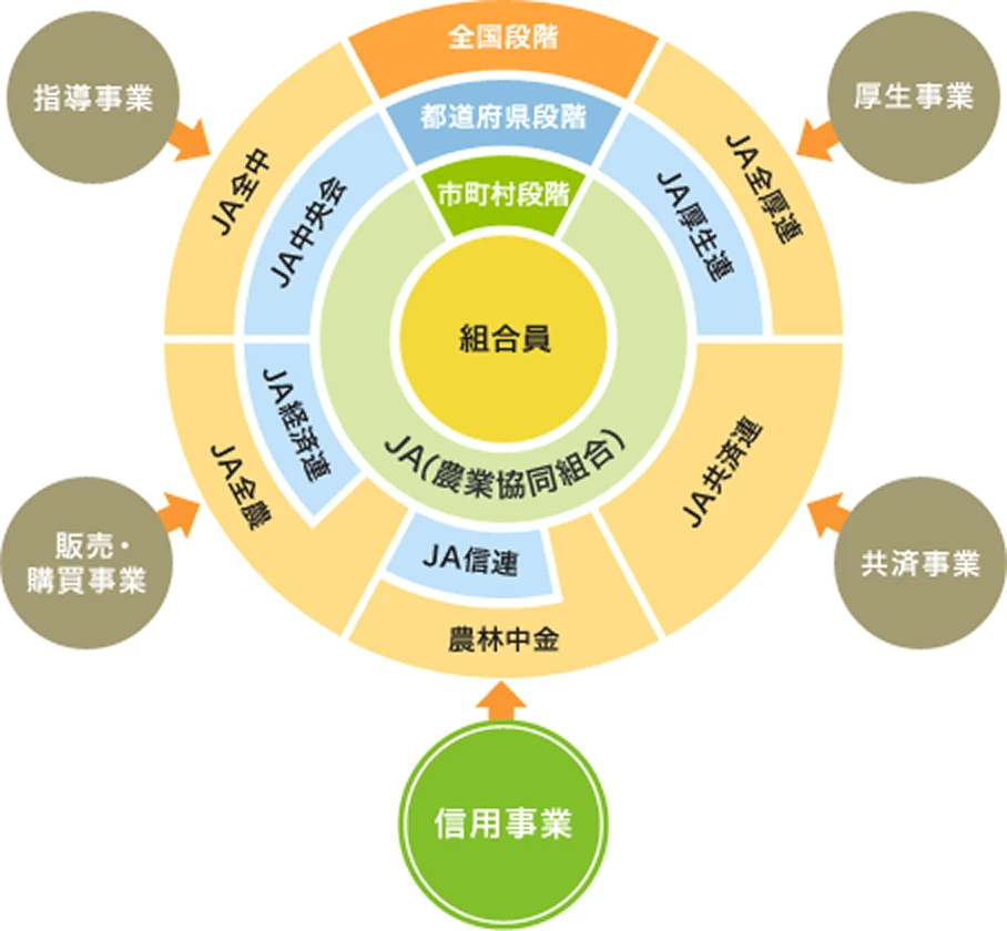 組合員を中心としたJAグループの組織構成と、各事業の連携を示す仕組みの図