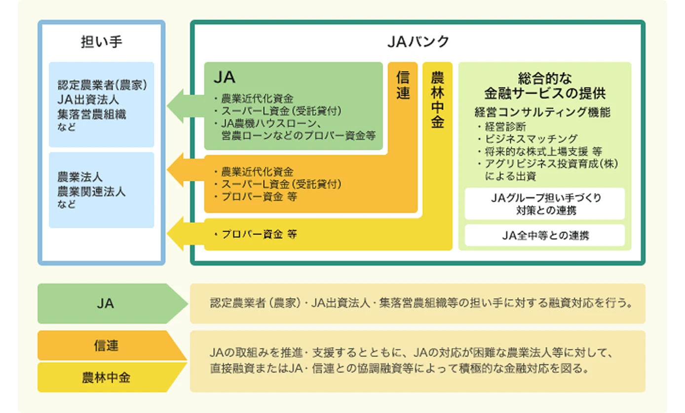 JAバンク（JA・信連・農林中金）による農業の担い手への融資・支援体制図