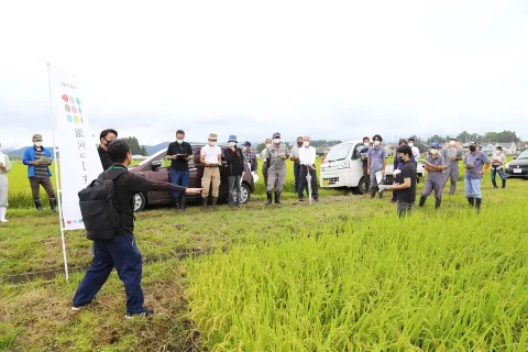 適期刈り取りで良質米出荷を　「銀河のしずく」現地指導会