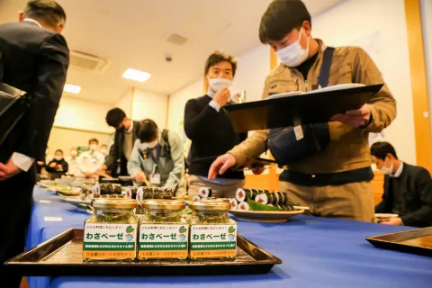 日本一の畑ワサビを使った新商品　<br>畑ワサビのオイル漬けを生産者らが試食